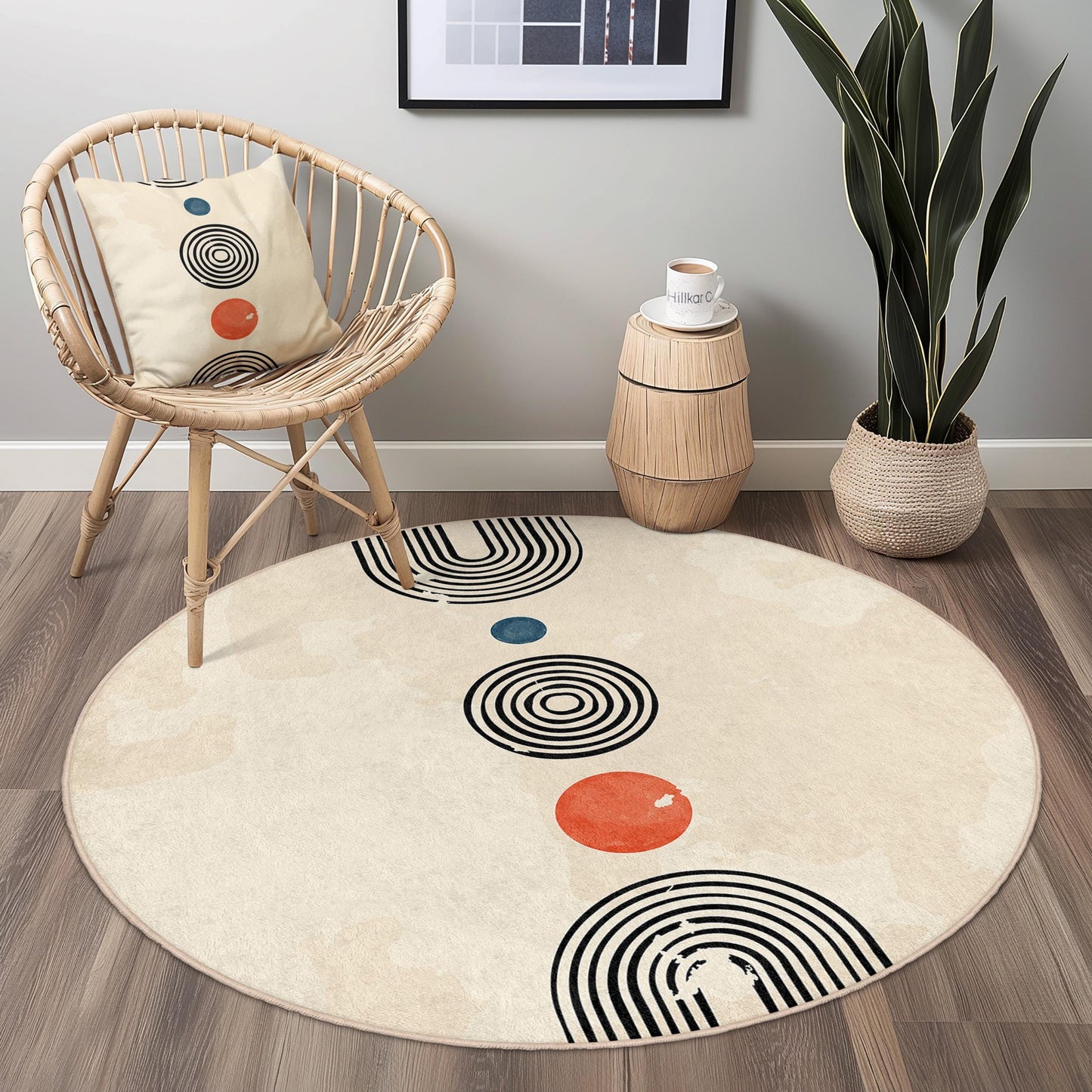 Stylish Round Area Rug with Modern Geometric Patterns, Soft Circular Carpet for Living Room, Bedroom, or Office Decor