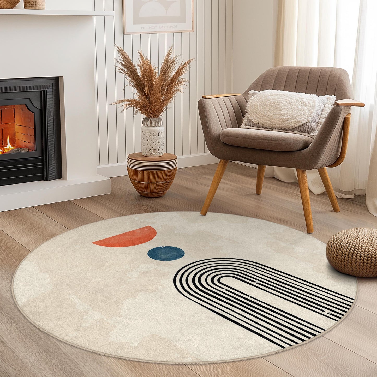 Abstract Geometric Round Rug, Modern Art Decor, Bohemian Circle Area Rug, Living Room Rug, Stylish Floor Covering