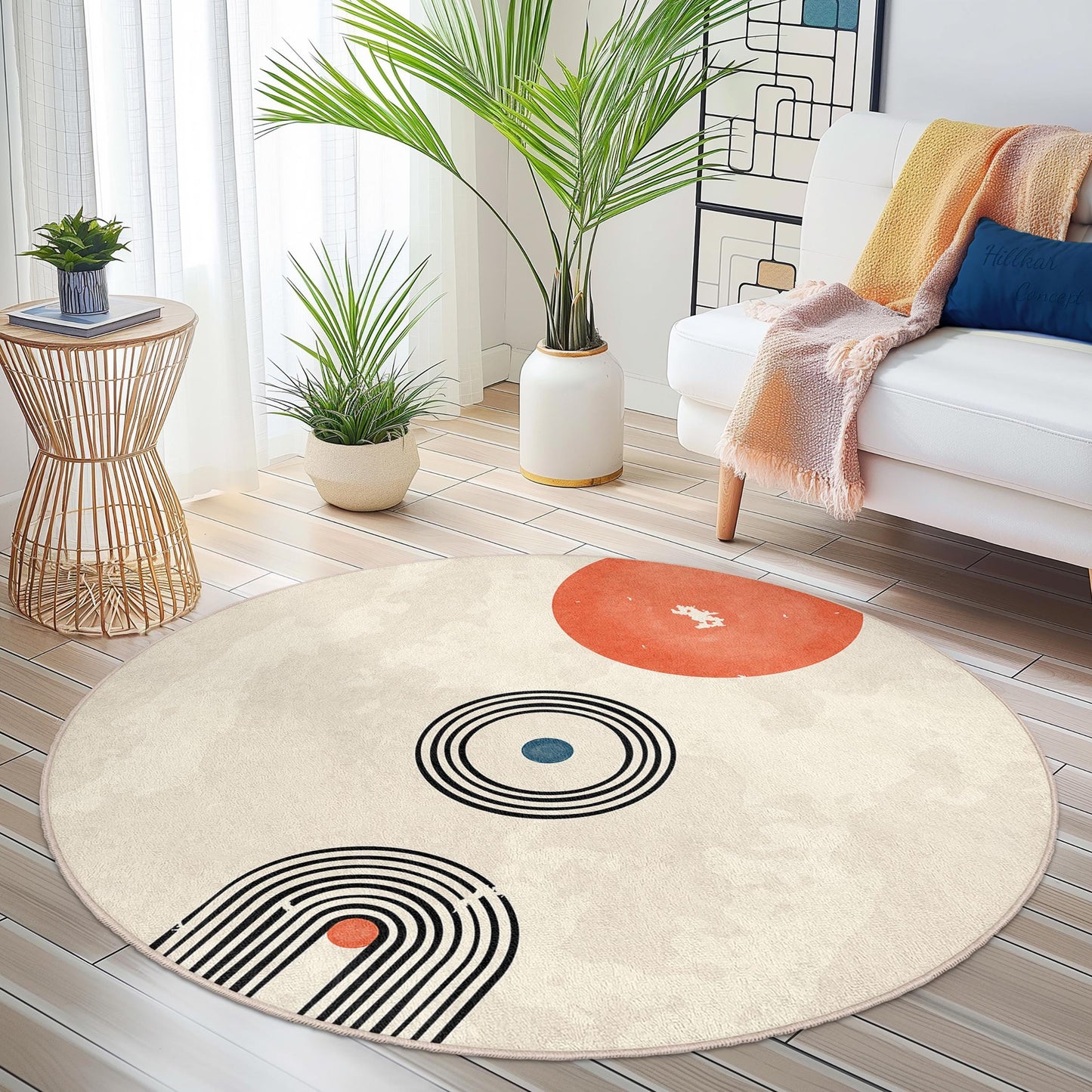Geometric Round Area Rug, Modern Circle Rug, Abstract Design Floor Mat, Living Room Decor, Bohemian Style Home Decor