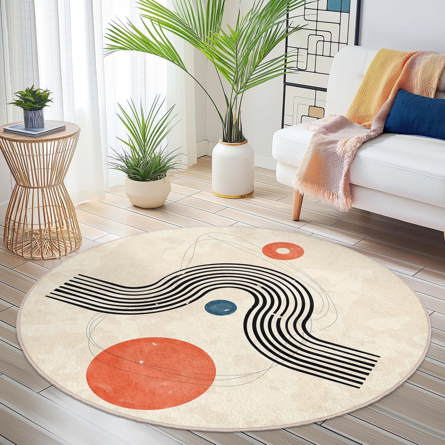 Abstract Geometric Round Area Rug, Modern Circular Carpet, Soft Minimalist Rug for Living Room, Contemporary Home Decor