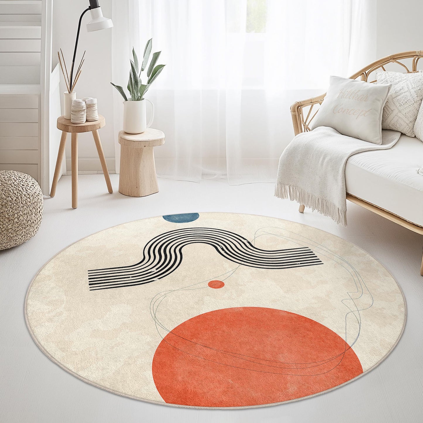 Artistic Round Area Rug with Abstract Shapes, Modern Round Carpet for Home Decor, Geometric Design Rug, Stylish Living Room Mat