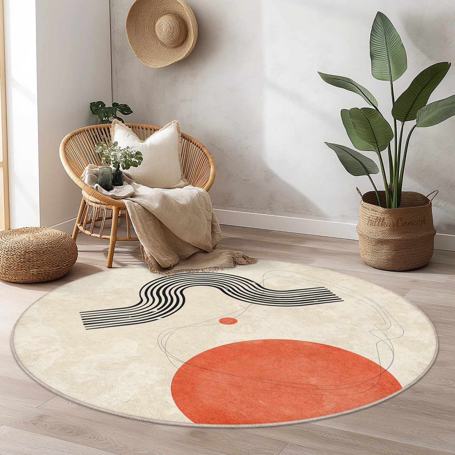 Artistic Round Area Rug with Abstract Shapes, Modern Round Carpet for Home Decor, Geometric Design Rug, Stylish Living Room Mat