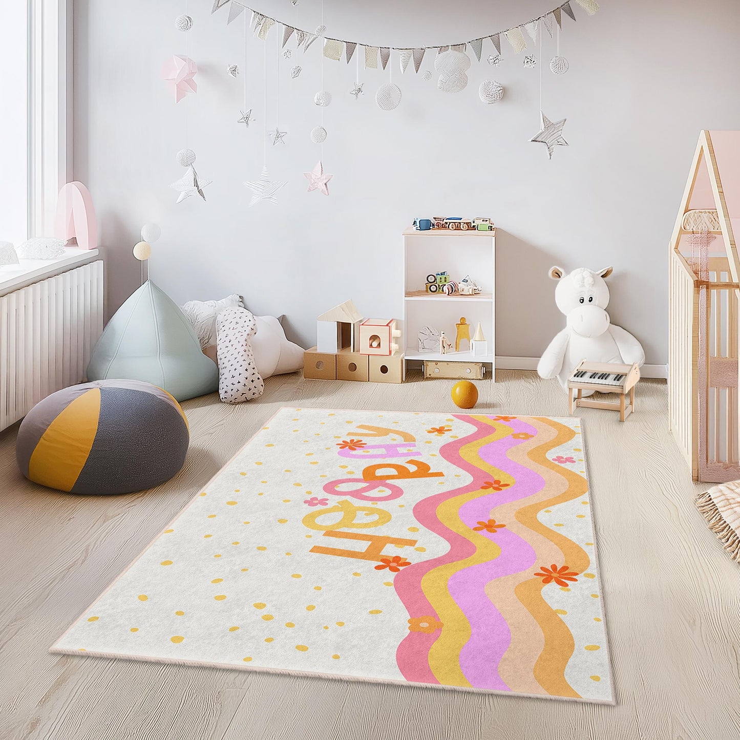 Happy Waves Colorful Kids Rectangle Rug, Playful Nursery Carpet, Joyful Room Decor, Kids Bedroom Mat, Fun Playroom Rug
