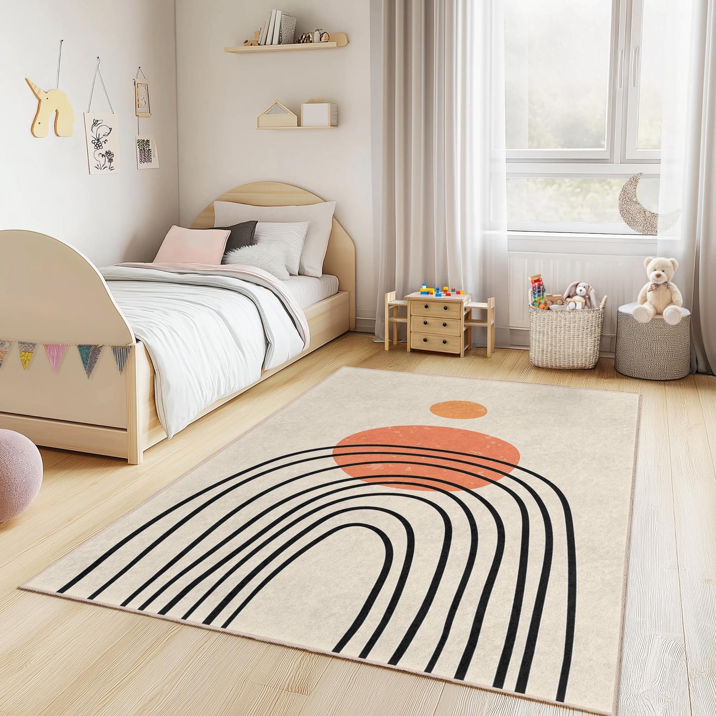 Modern Abstract Rainbow Area Rug, Rectangular Kids Room Carpet, Colorful Playroom Decor, Soft Nursery Rug, Unique Geometric Design