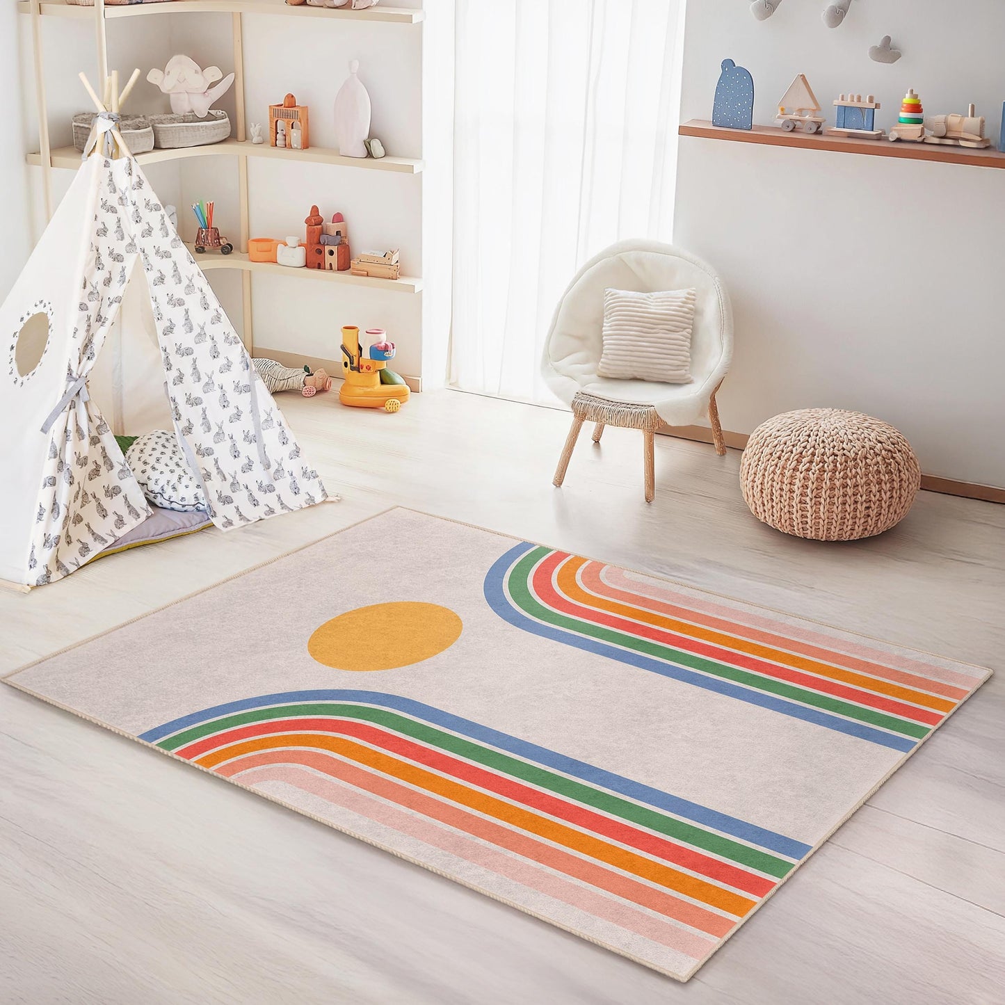 Rainbow Arches Rectangular Kids Rug, Colorful Playroom Carpet, Children Room Decor, Soft Nursery Mat, Modern Kids Rug