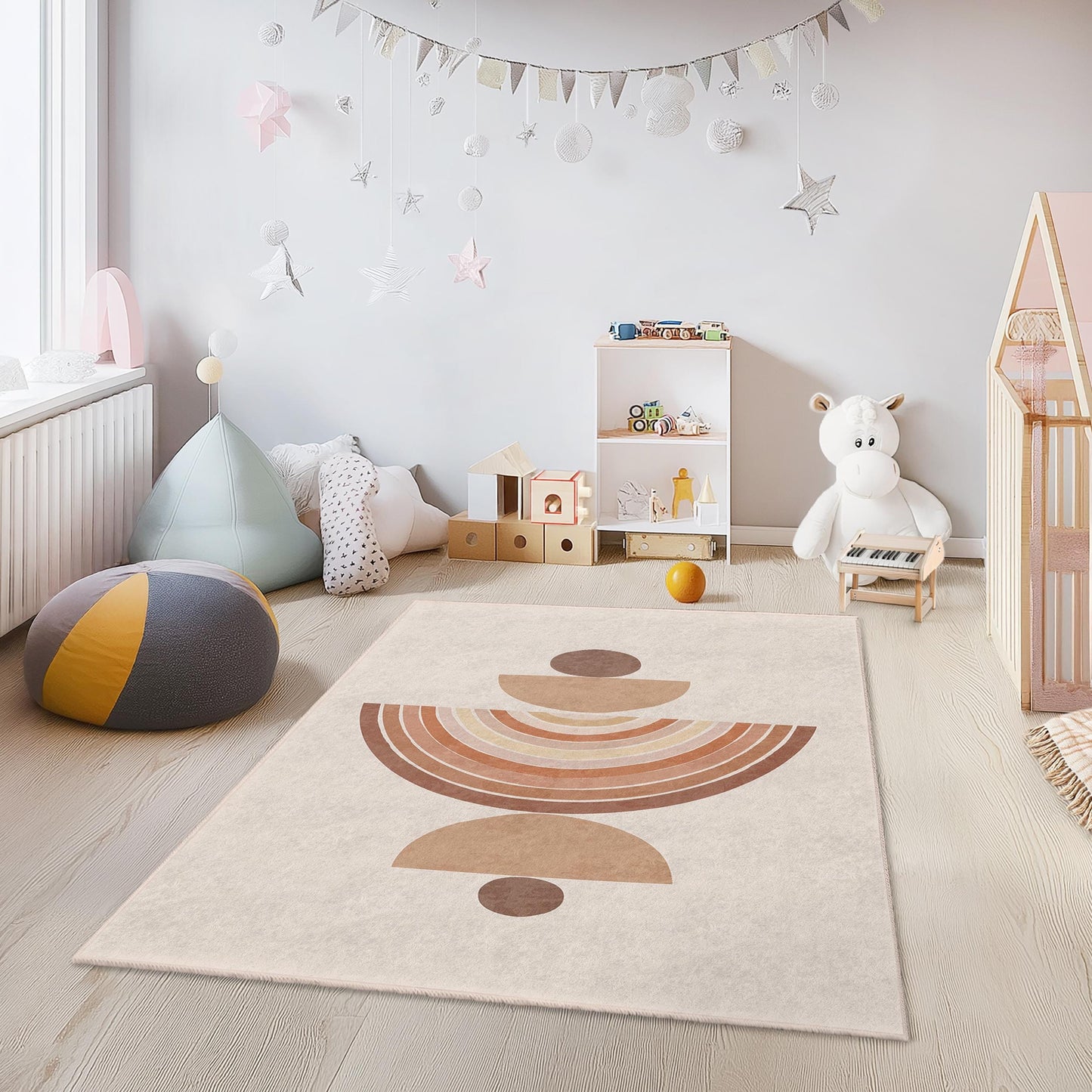 Geometric Pattern Kids Rectangle Rug, Modern Boho Style Carpet for Children, Soft Nursery Decor, Playroom Area Rug