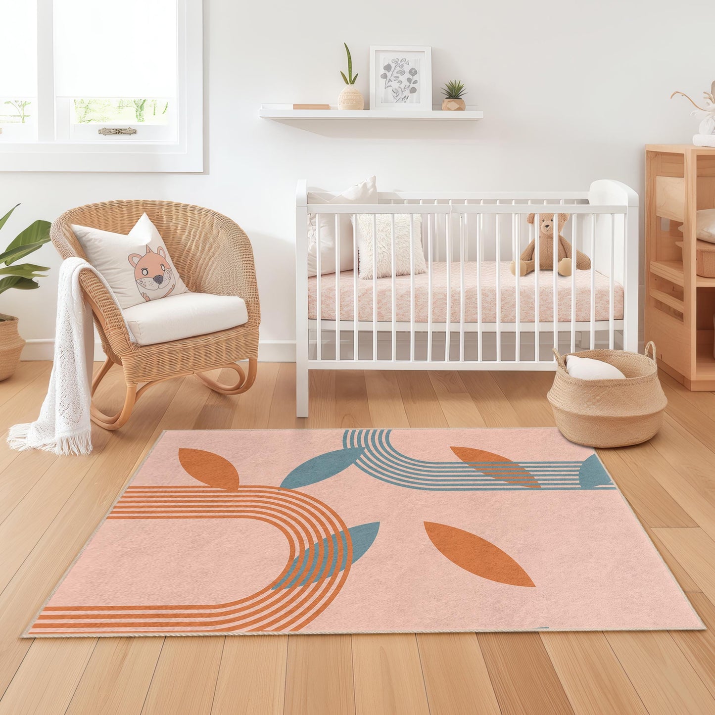 Modern Leaf Pattern Rectangular Rug for Kids Room, Stylish Kids Carpet, Nursery Decor, Playroom Essentials, Soft Area Rug