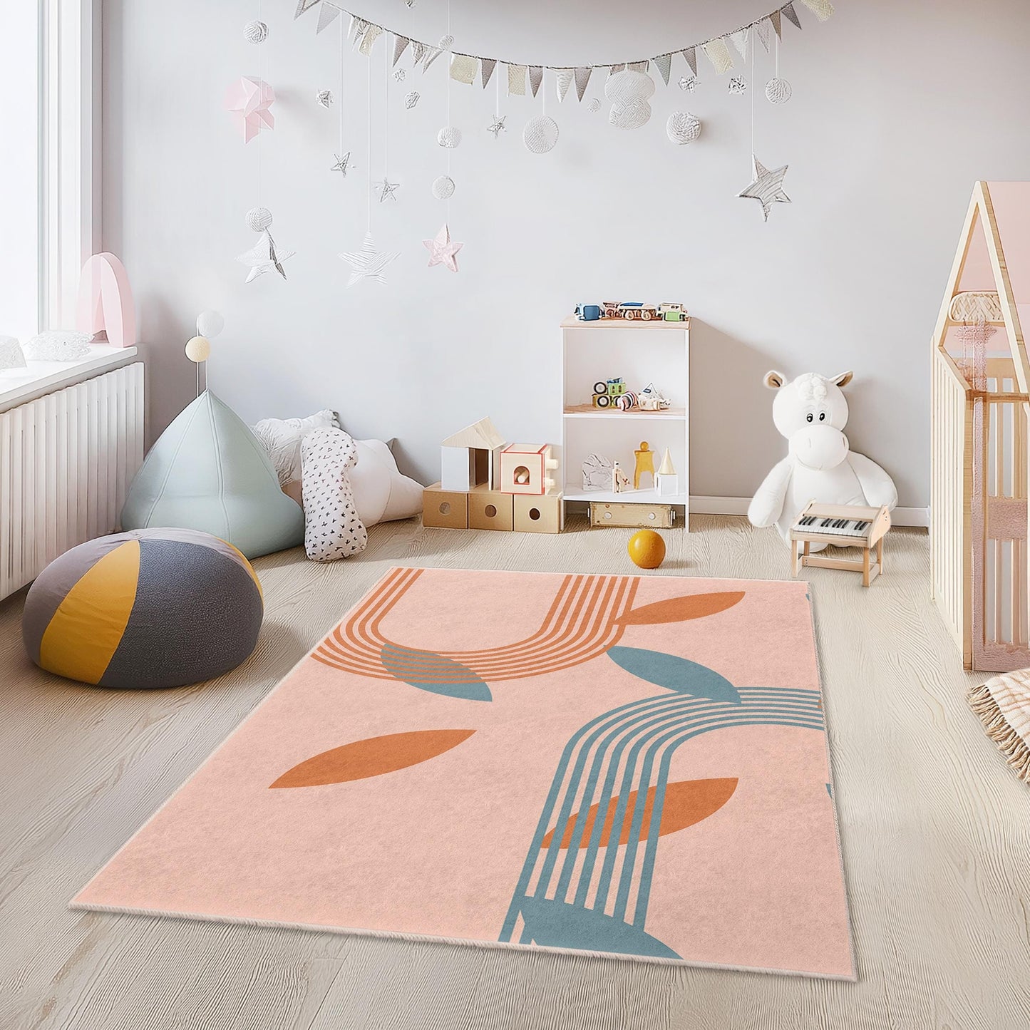 Modern Leaf Pattern Rectangular Rug for Kids Room, Stylish Kids Carpet, Nursery Decor, Playroom Essentials, Soft Area Rug