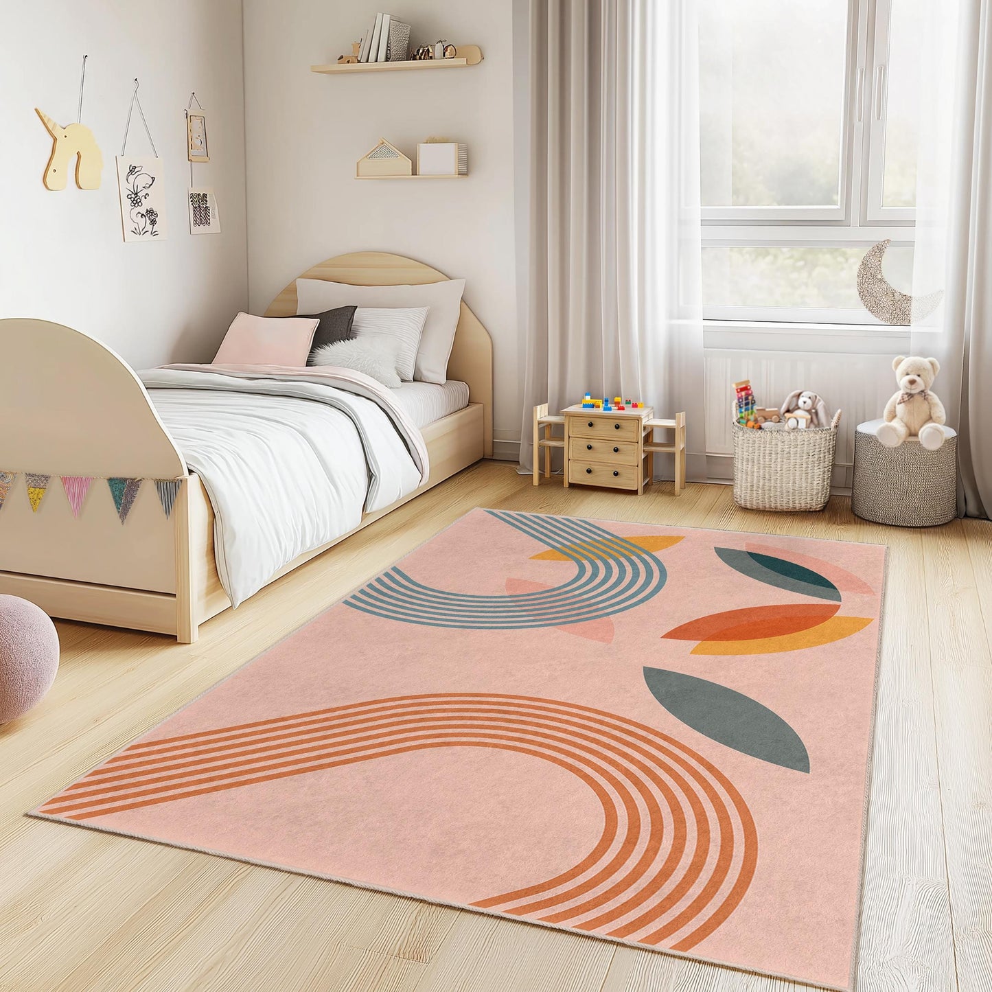 Abstract Colorful Lines and Shapes Rectangular Kids Rug, Modern Playroom Carpet, Nursery Decor, Soft Kids Room Rug