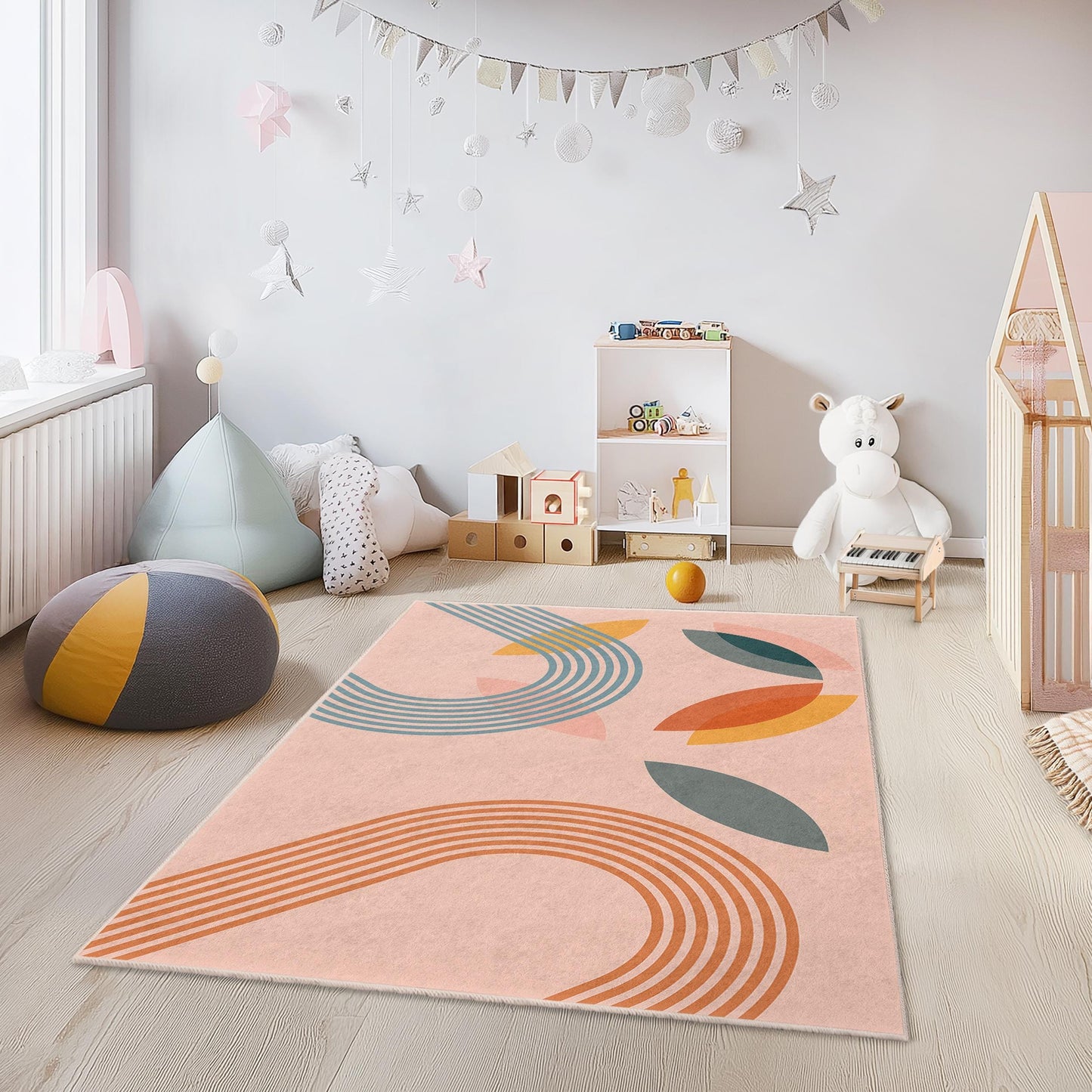 Abstract Colorful Lines and Shapes Rectangular Kids Rug, Modern Playroom Carpet, Nursery Decor, Soft Kids Room Rug