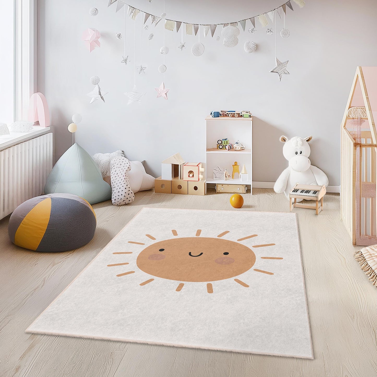 Smiling Sun Rectangular Kids Rug, Cute Sun Design Area Rug, Playroom Carpet, Nursery Decor, Childrens Room Rug, Happy Sun Mat
