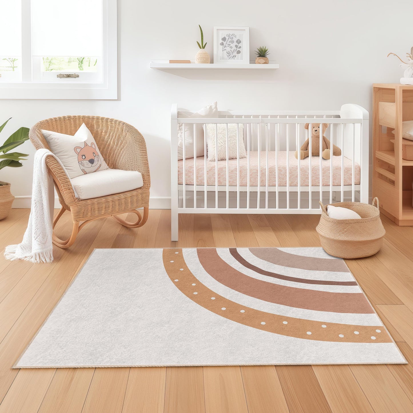 Boho Rainbow Kids Room Rug, Rectangular Play Mat, Soft Nursery Carpet, Earthy Tone Kids Decor, Childrens Bedroom Rug