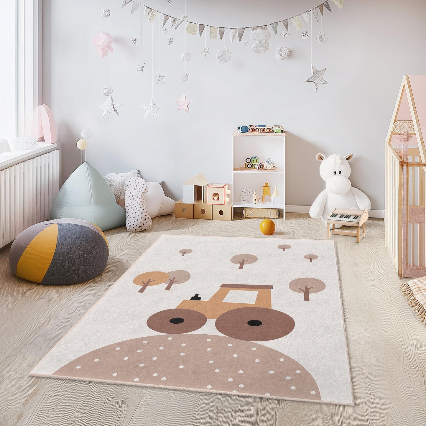 Cute Tractor Kids Room Rug, Farm Theme Area Rug, Rectangular Playroom Carpet, Nursery Decor, Soft Childrens Rug