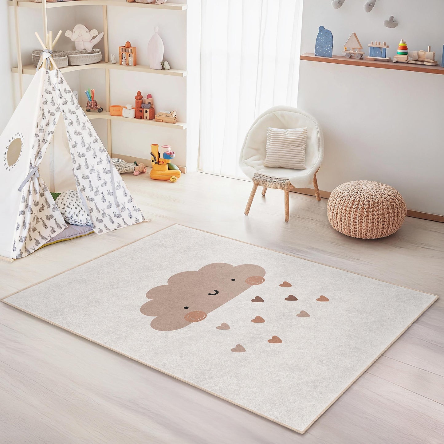 Cute Cloud Pattern Rectangular Kids Rug, Soft Nursery Carpet, Adorable Cloud Decor for Children's Room, Playroom Rug, Cozy Bedroom Mat