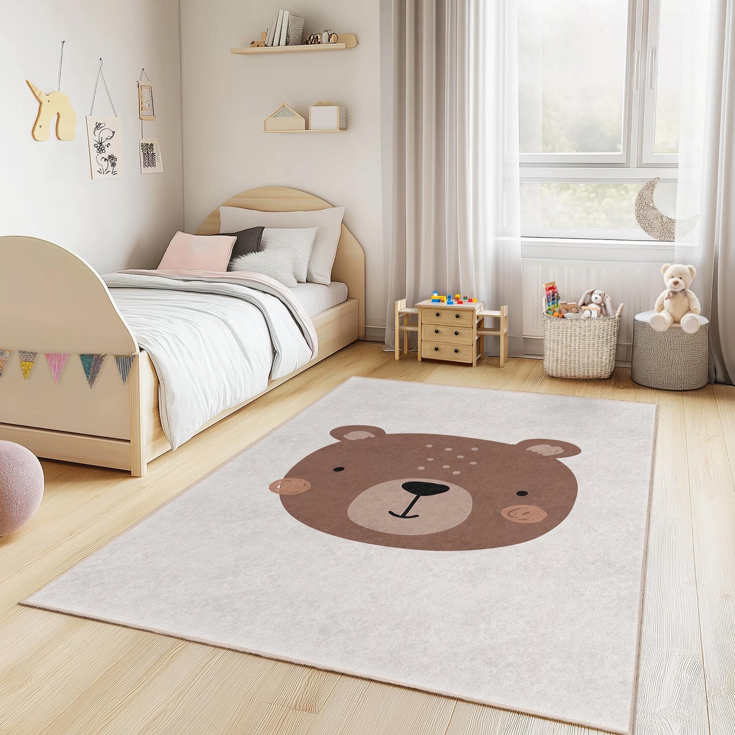 Cute Bear Face Kids Room Rug, Adorable Bear Rug for Children's Room, Nursery Decor, Soft Play Mat, Rectangular Kids Carpet