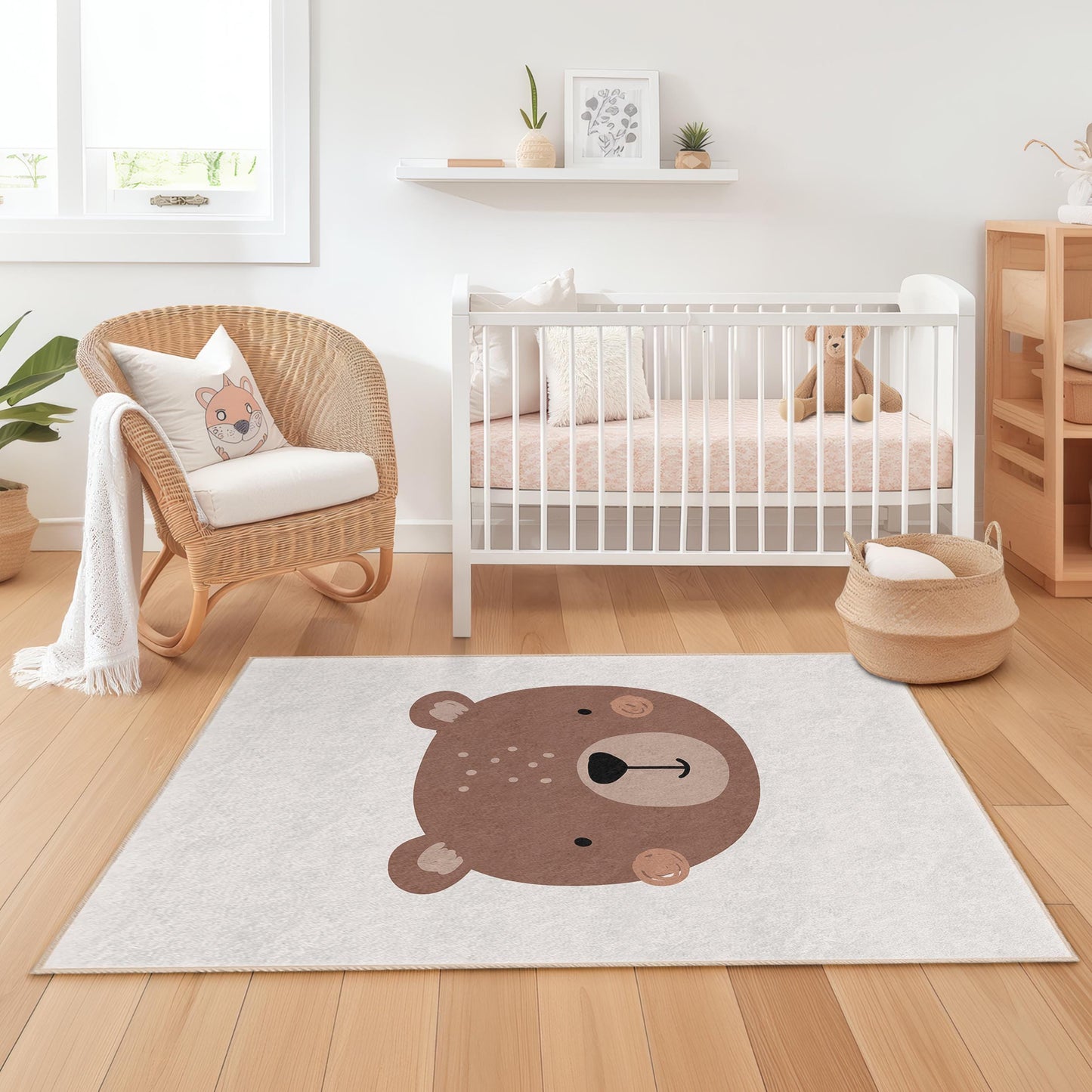 Cute Bear Face Kids Room Rug, Adorable Bear Rug for Children's Room, Nursery Decor, Soft Play Mat, Rectangular Kids Carpet