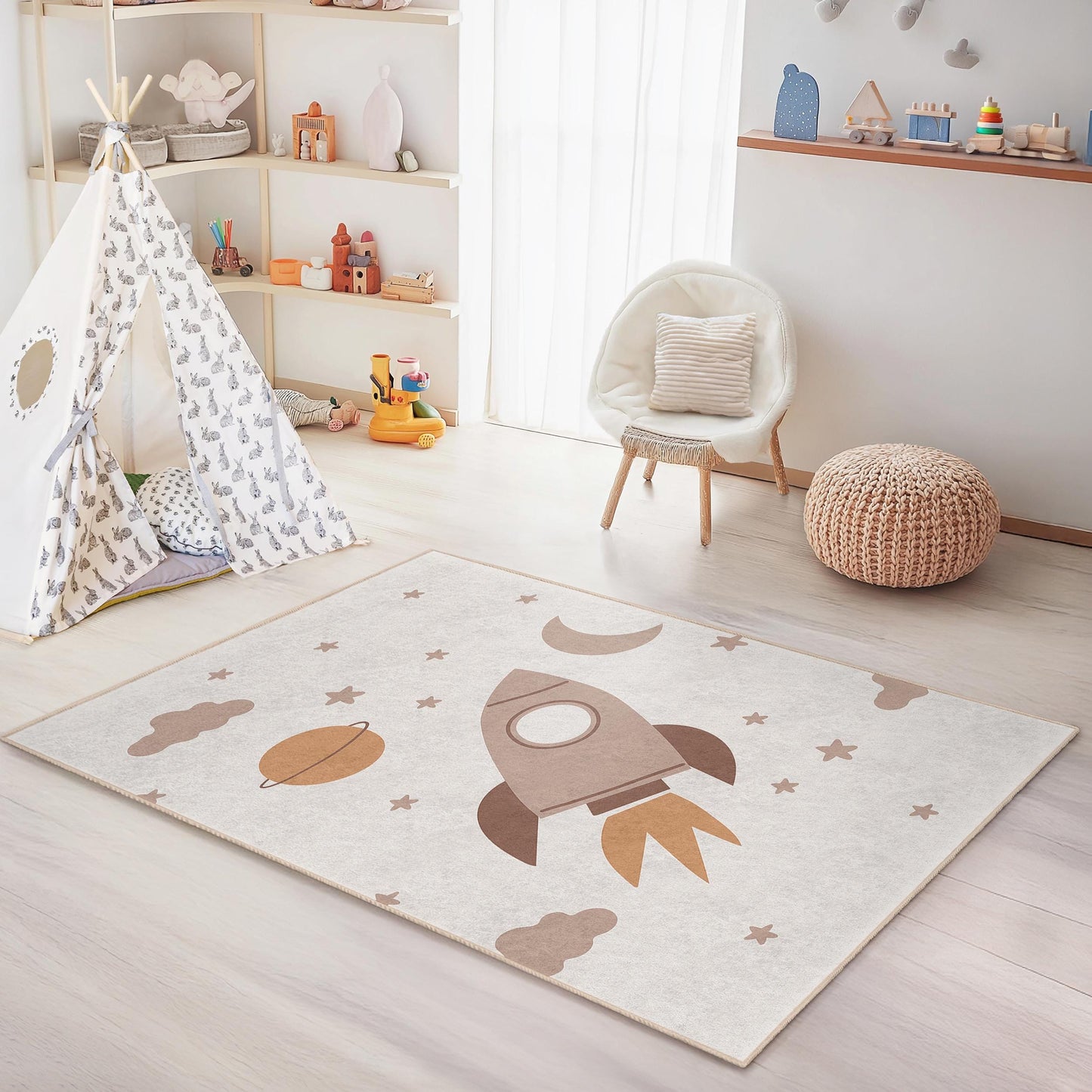 Rocket and Stars Rectangular Kids Rug, Space Theme Nursery Carpet, Playroom Decor, Cozy Children's Rug, Outer Space Play Mat