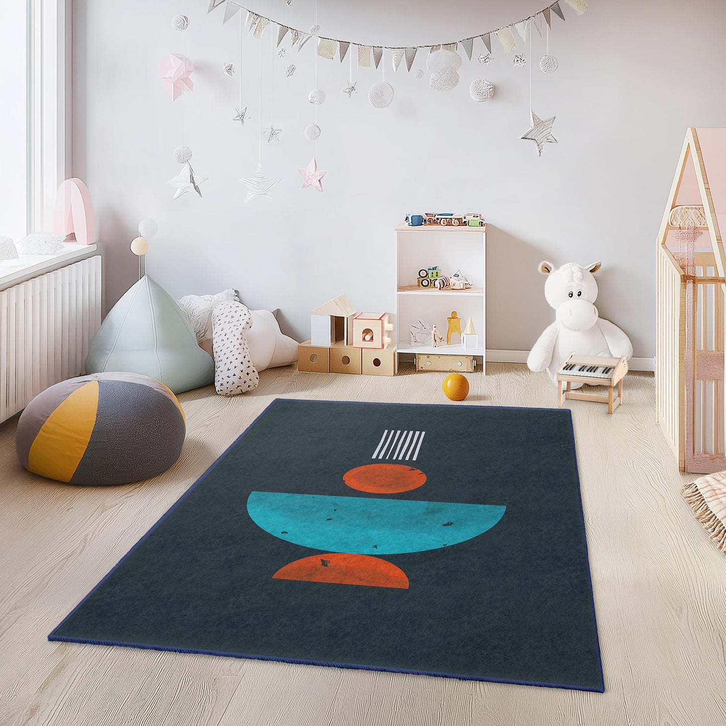 Abstract Geometric Pattern Rectangular Kids Rug, Colorful Playroom Carpet, Modern Nursery Decor, Kids Room Area Rug