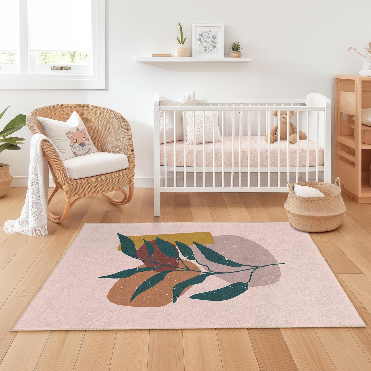 Abstract Leaf Design Rectangular Area Rug, Modern Plant Pattern Rug, Decorative Floor Mat for Kids Room, Nursery, Living Room Decor