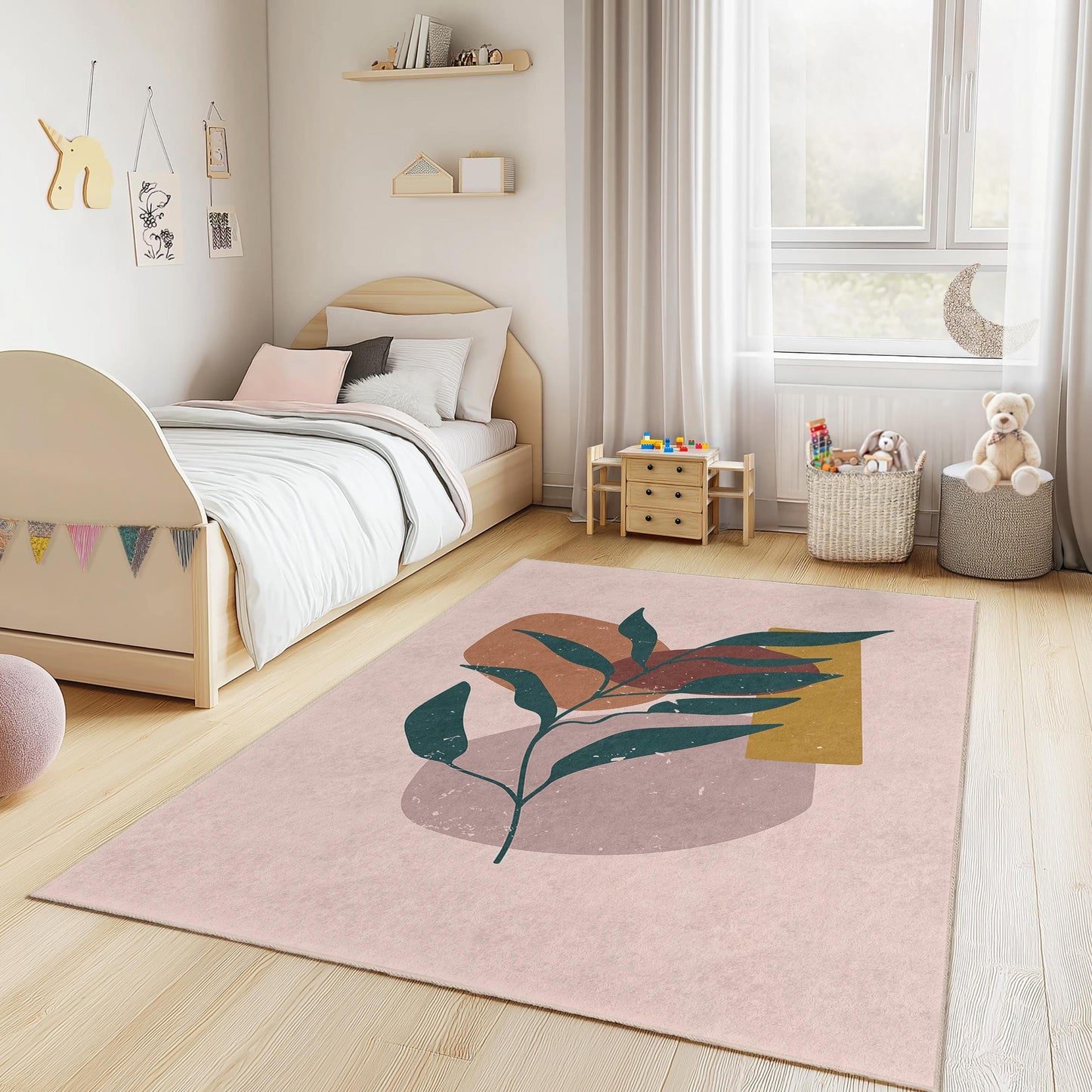Abstract Leaf Design Rectangular Area Rug, Modern Plant Pattern Rug, Decorative Floor Mat for Kids Room, Nursery, Living Room Decor