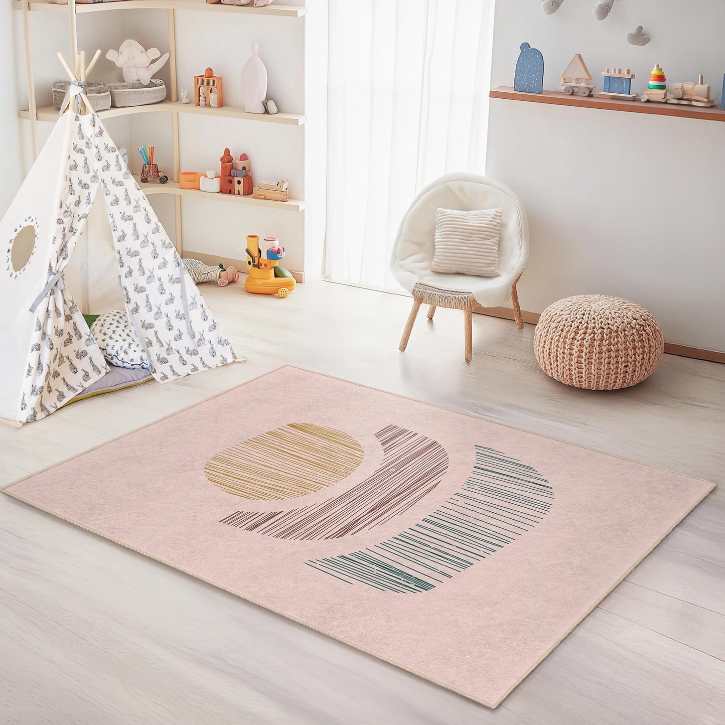 Abstract Geometric Pattern Rectangular Kids Rug, Modern Playroom Carpet, Stylish Nursery Decor, Soft Area Rug for Children