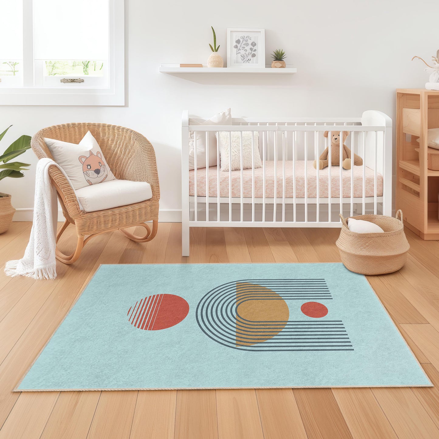Geometric Shapes Patterned Rectangular Play Rug for Kids, Modern Nursery Carpet, Soft Playroom Mat, Kids Room Decor