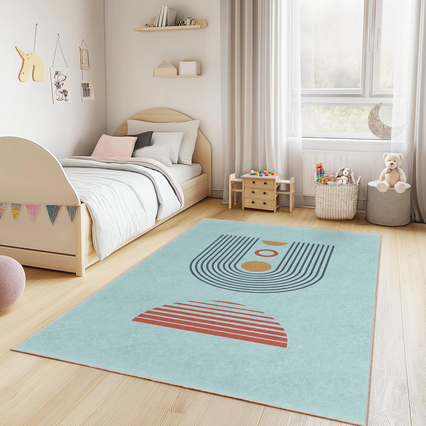 Geometric Pattern Rectangular Kids Rug, Modern Design Playroom Carpet, Stylish Nursery Area Rug, Children's Bedroom Decor