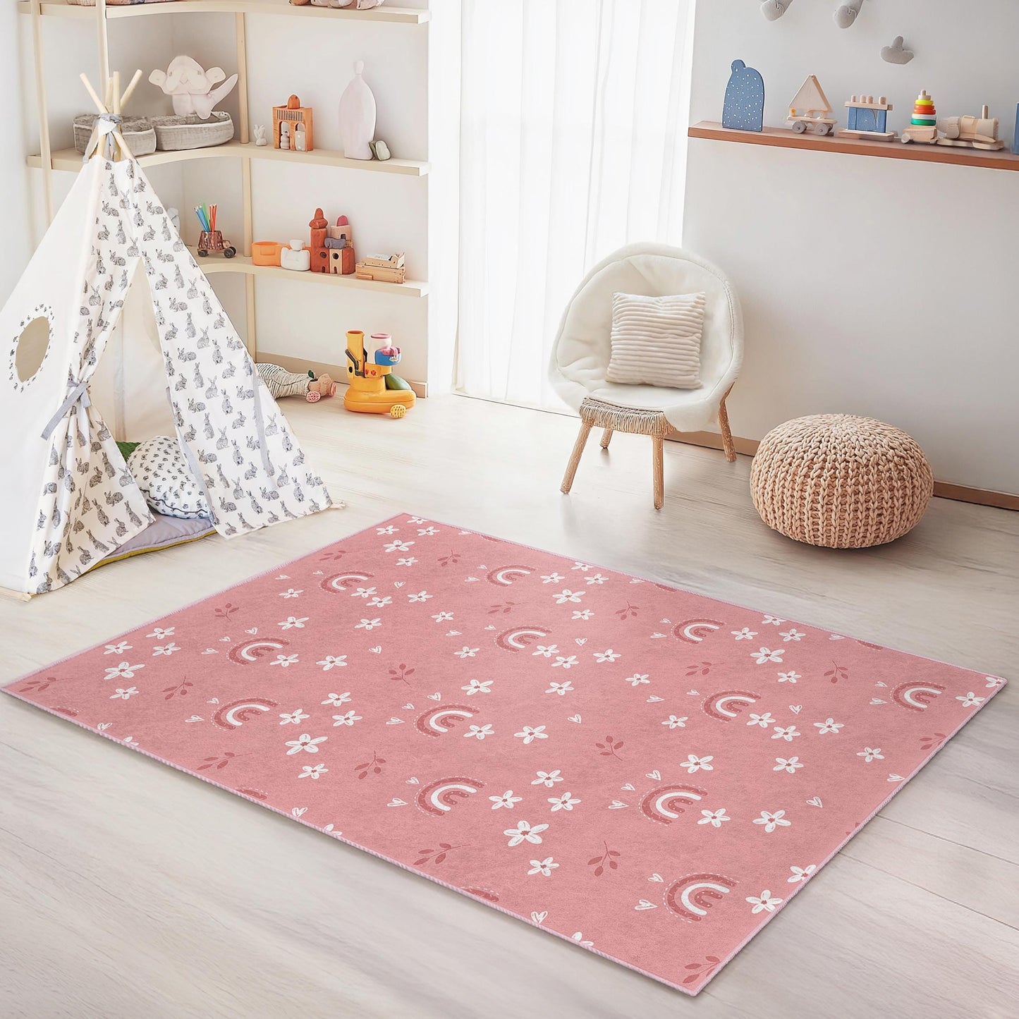 Rainbow and Floral Pattern Rectangular Kids Rug, Soft Playroom Carpet, Nursery Decor, Cute Rainbow Rug for Children's Room