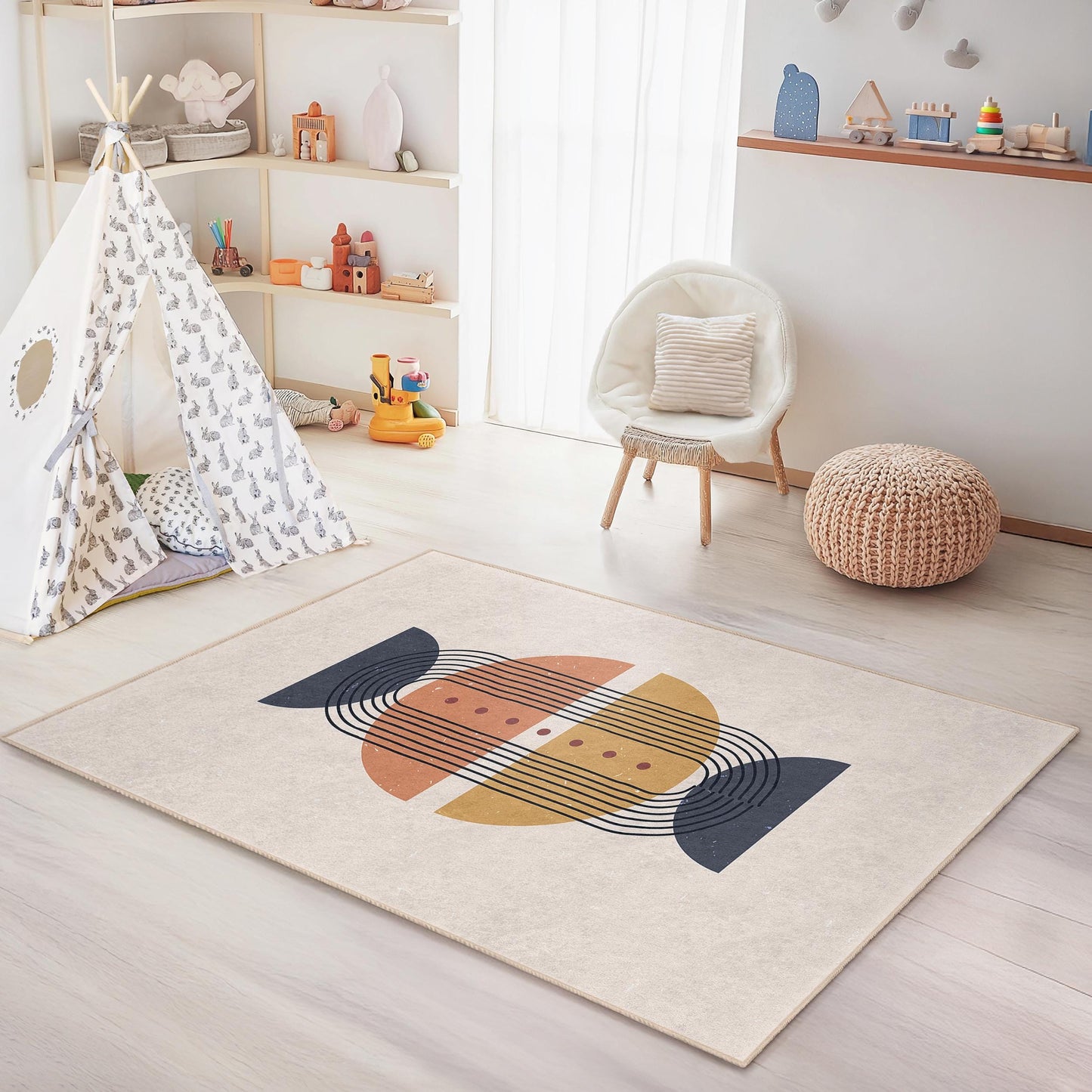 Geometric Lines Rectangle Kids Rug, Modern Abstract Kids Room Carpet, Stylish Nursery Rug, Playroom Decor for Children