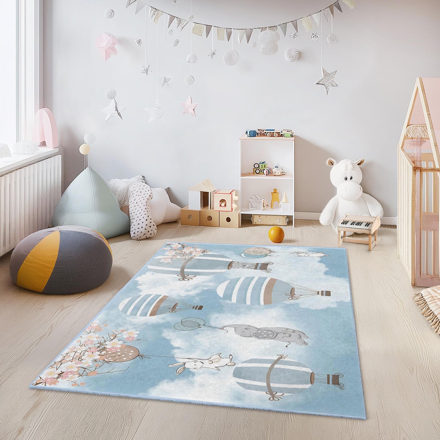 Whimsical Hot Air Balloon Kids Rectangular Rug, Nursery Decor, Soft Play Mat for Children's Room, Playroom Carpet, Baby Shower Gift
