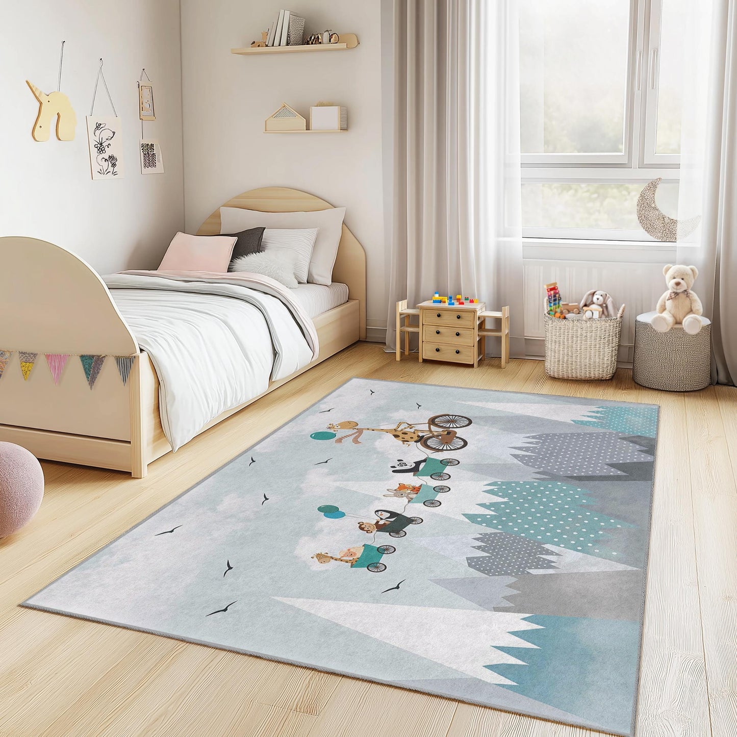 Animal Parade Kids Rug, Rectangular Playroom Carpet, Cute Animal Design Rug, Soft Nursery Decor, Toddler Room Play Mat