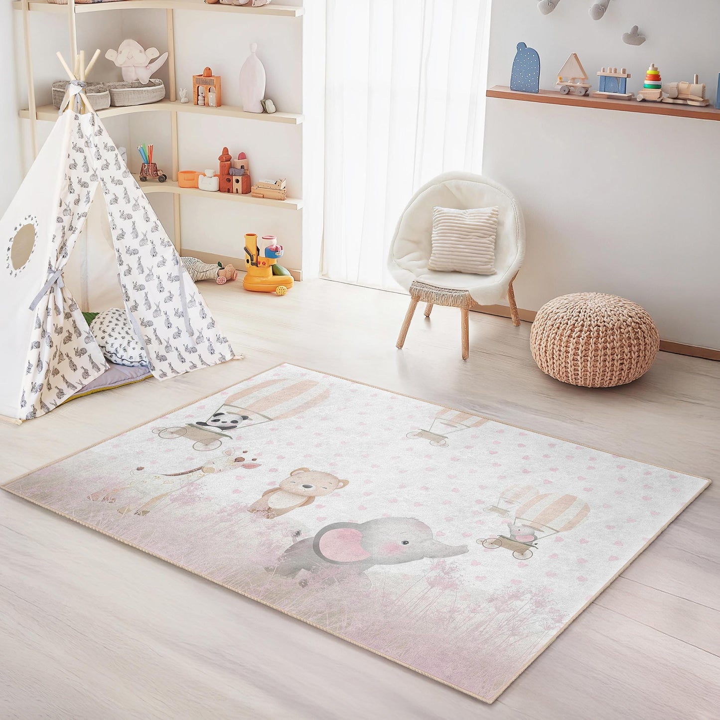 Cute Animal Balloon Rectangular Kids Rug, Adorable Nursery Carpet, Baby Room Decor, Soft Play Mat for Children, Child's Room Rug