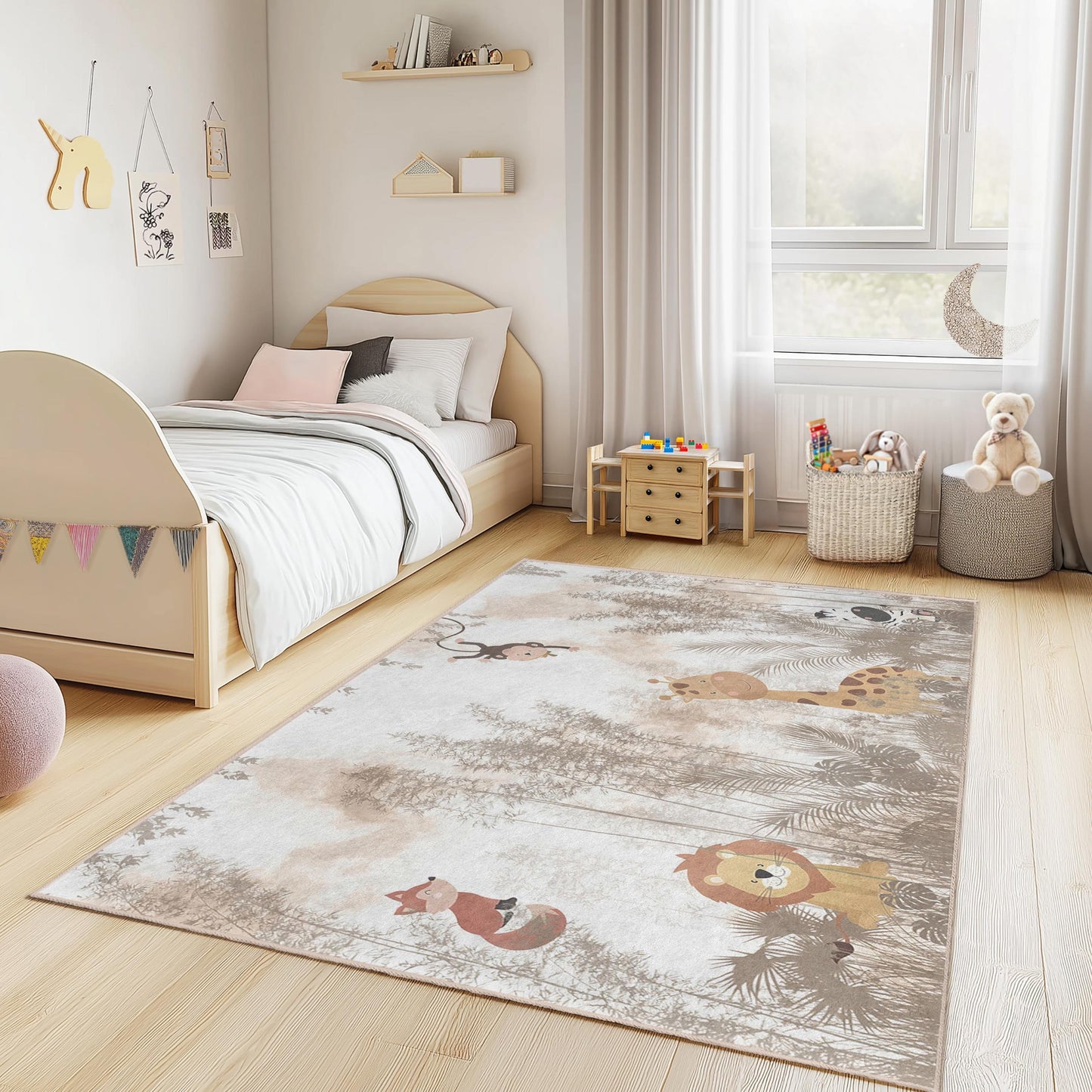 Jungle Adventure Kids Rug, Animal Print Rectangle Rug, Safari Themed Carpet, Nursery Decor, Soft Playroom Rug, Kids Room Accessories