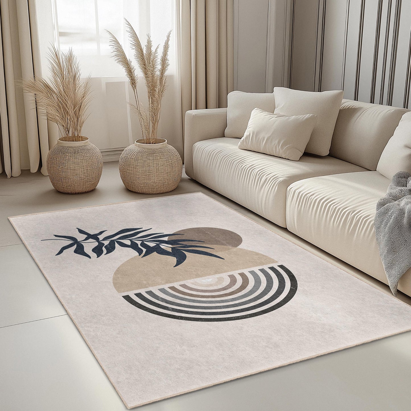 Geometric Leaf Design Rectangular Area Rug, Modern Abstract Carpet, Living Room Decor, Bohemian Style Rug, Artistic Floor Mat