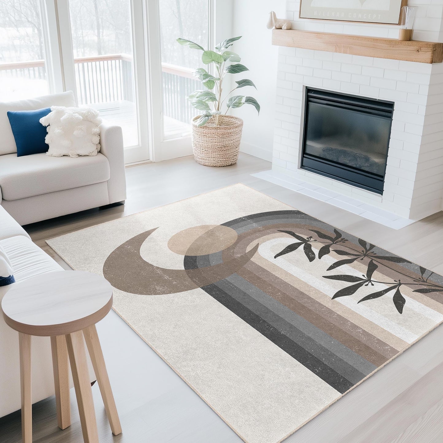 Abstract Moon and Floral Rectangular Area Rug, Modern Geometric Carpet, Decorative Indoor Rug, Living Room Decor, Stylish Home Accessory