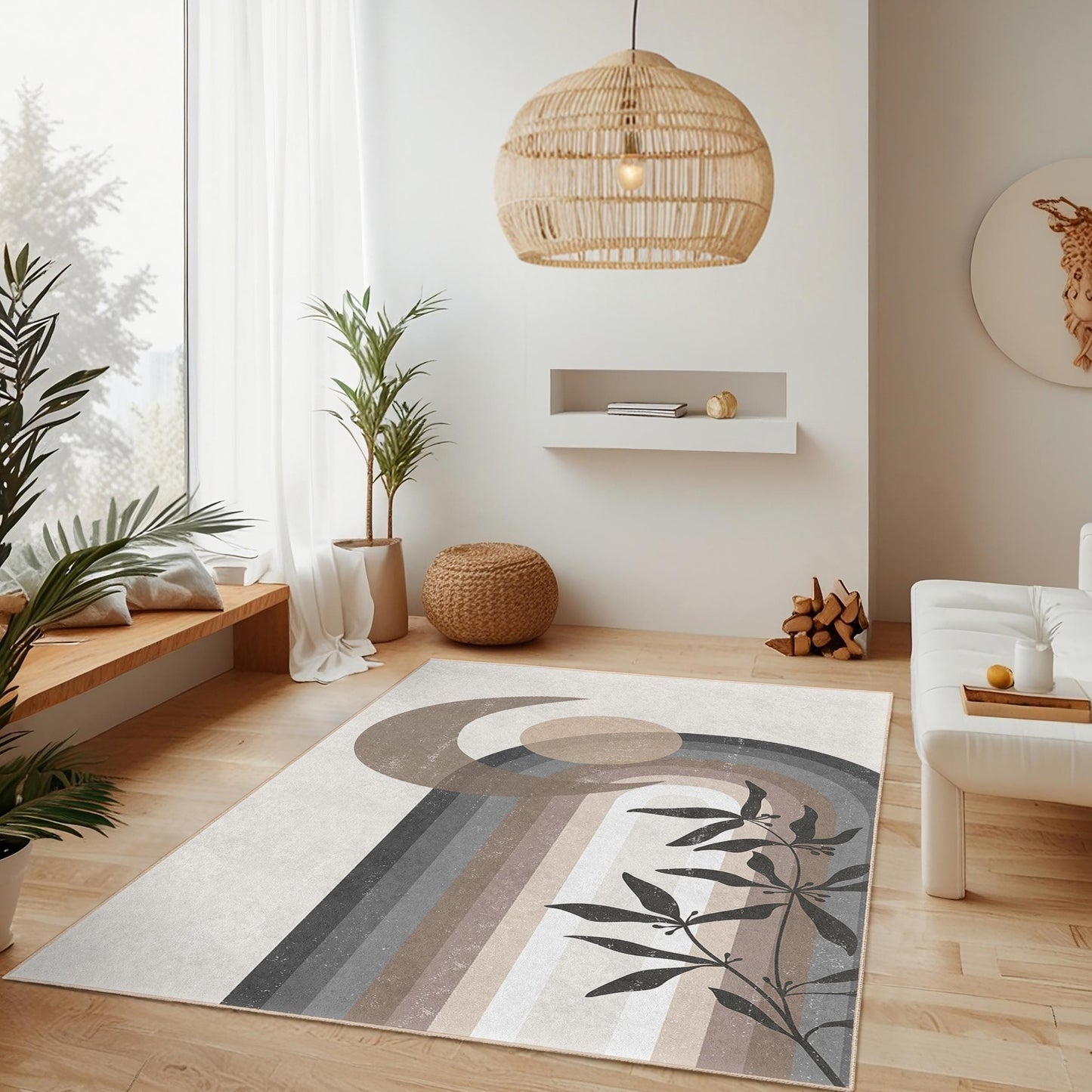 Abstract Moon and Floral Rectangular Area Rug, Modern Geometric Carpet, Decorative Indoor Rug, Living Room Decor, Stylish Home Accessory
