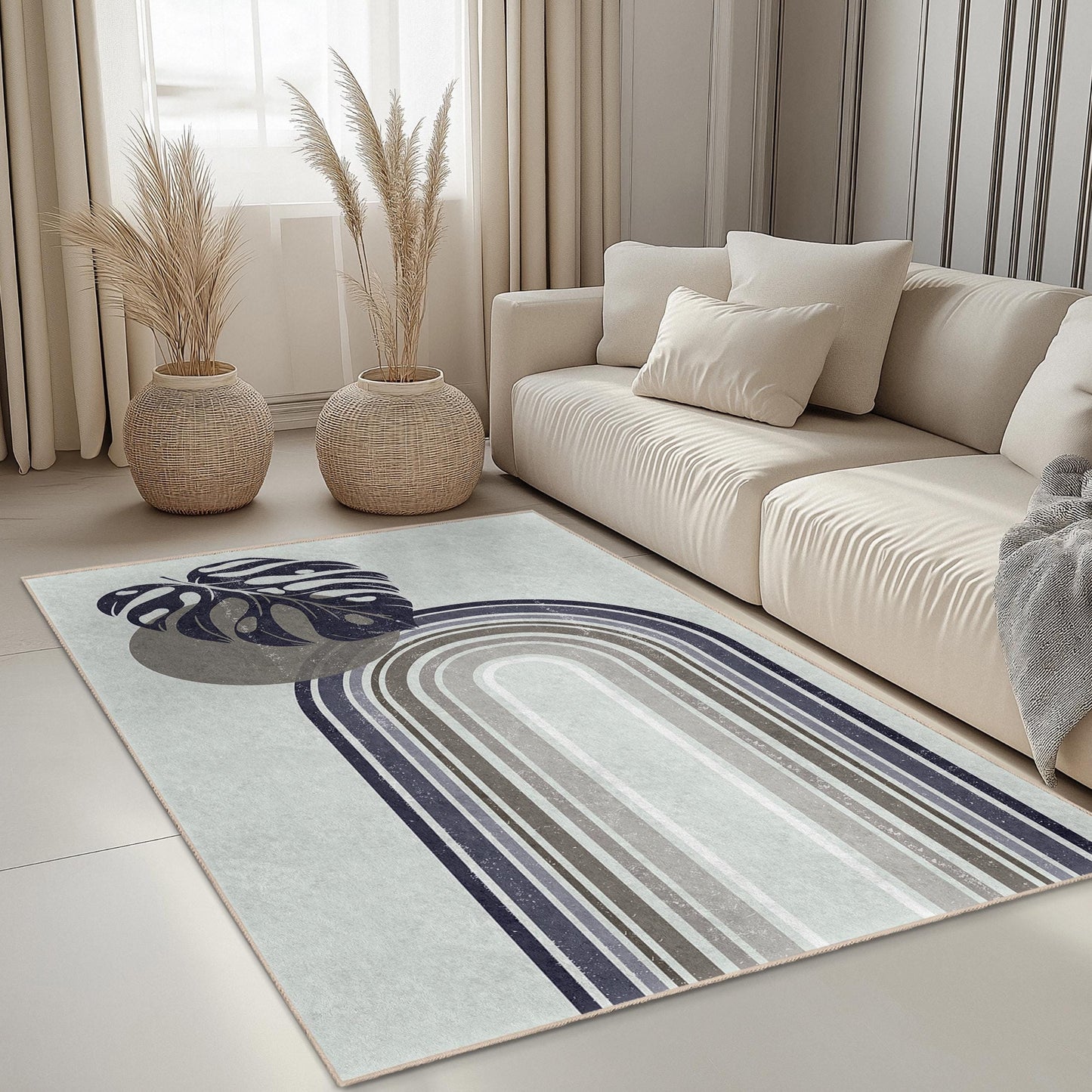 Abstract Leaf Design Rectangular Area Rug, Modern Bohemian Rug, Geometric Pattern Carpet, Living Room Decor, Stylish Floor Mat