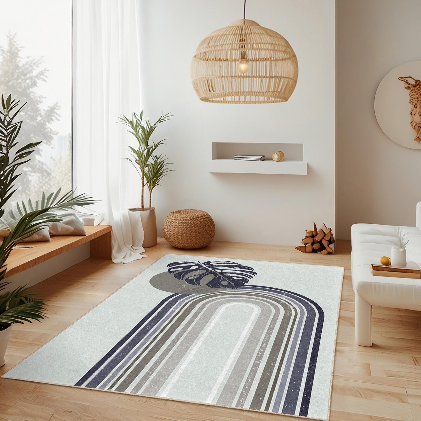 Abstract Leaf Design Rectangular Area Rug, Modern Bohemian Rug, Geometric Pattern Carpet, Living Room Decor, Stylish Floor Mat