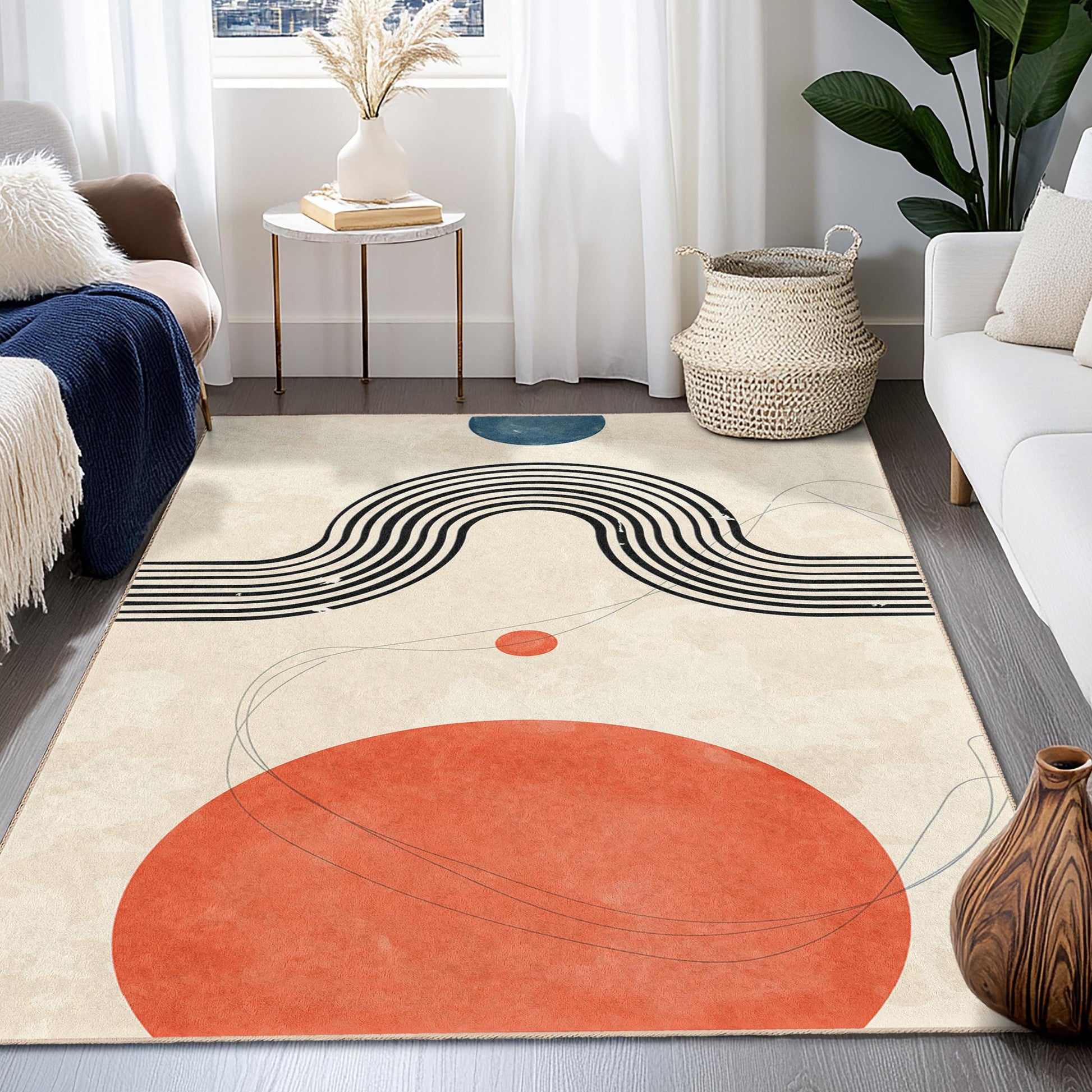 Abstract Lines and Shapes Area Rug, Modern Rectangular Carpet for Living Room, Bohemian Home Decor, Stylish Floor Mat