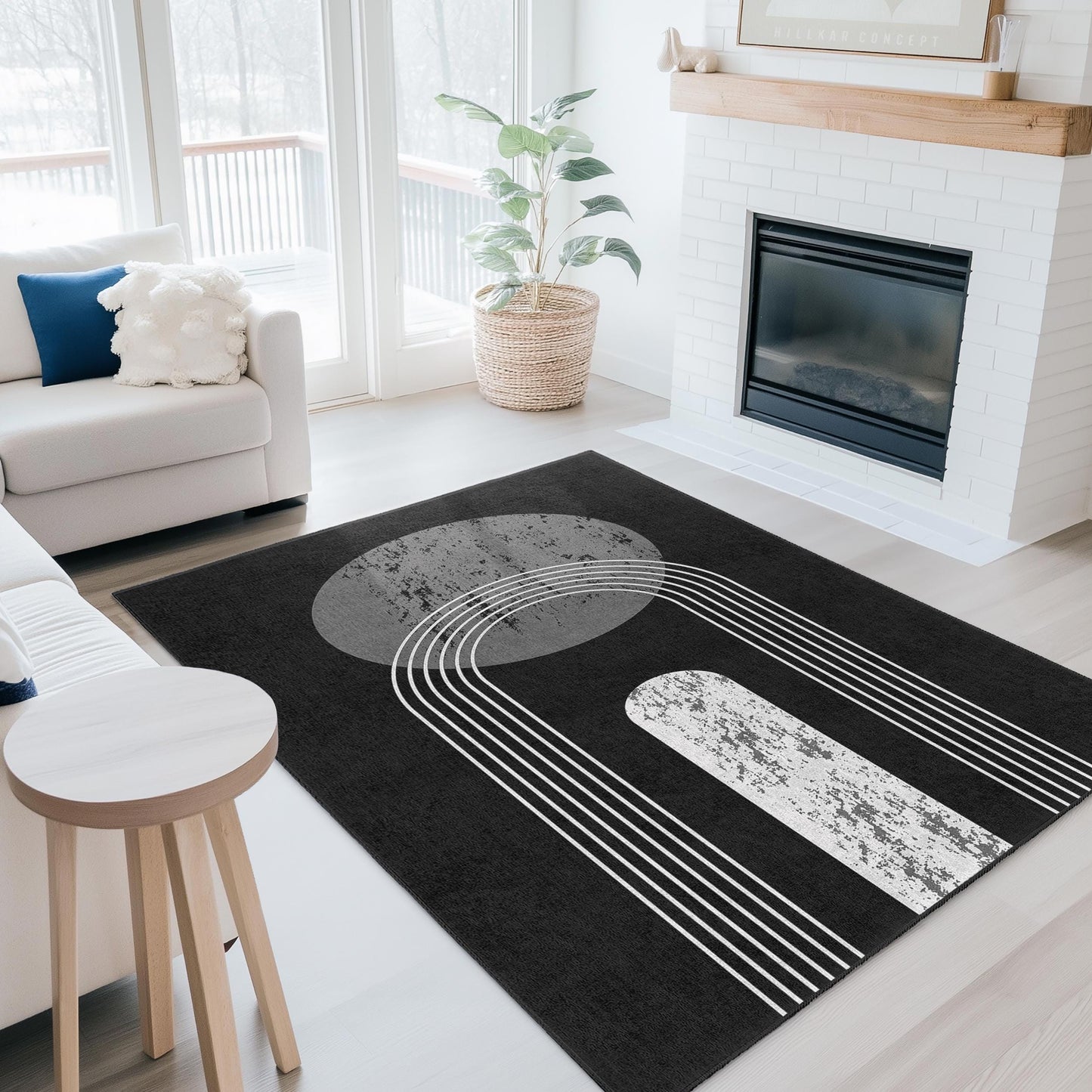 Modern Abstract Rectangular Area Rug, Black and White Geometric Rug, Minimalist Home Decor, Stylish Living Room Carpet, Statement Piece