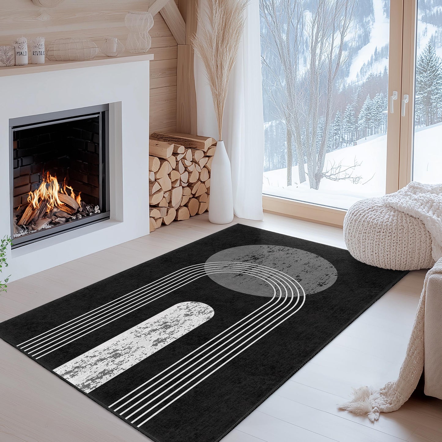 Modern Abstract Rectangular Area Rug, Black and White Geometric Rug, Minimalist Home Decor, Stylish Living Room Carpet, Statement Piece