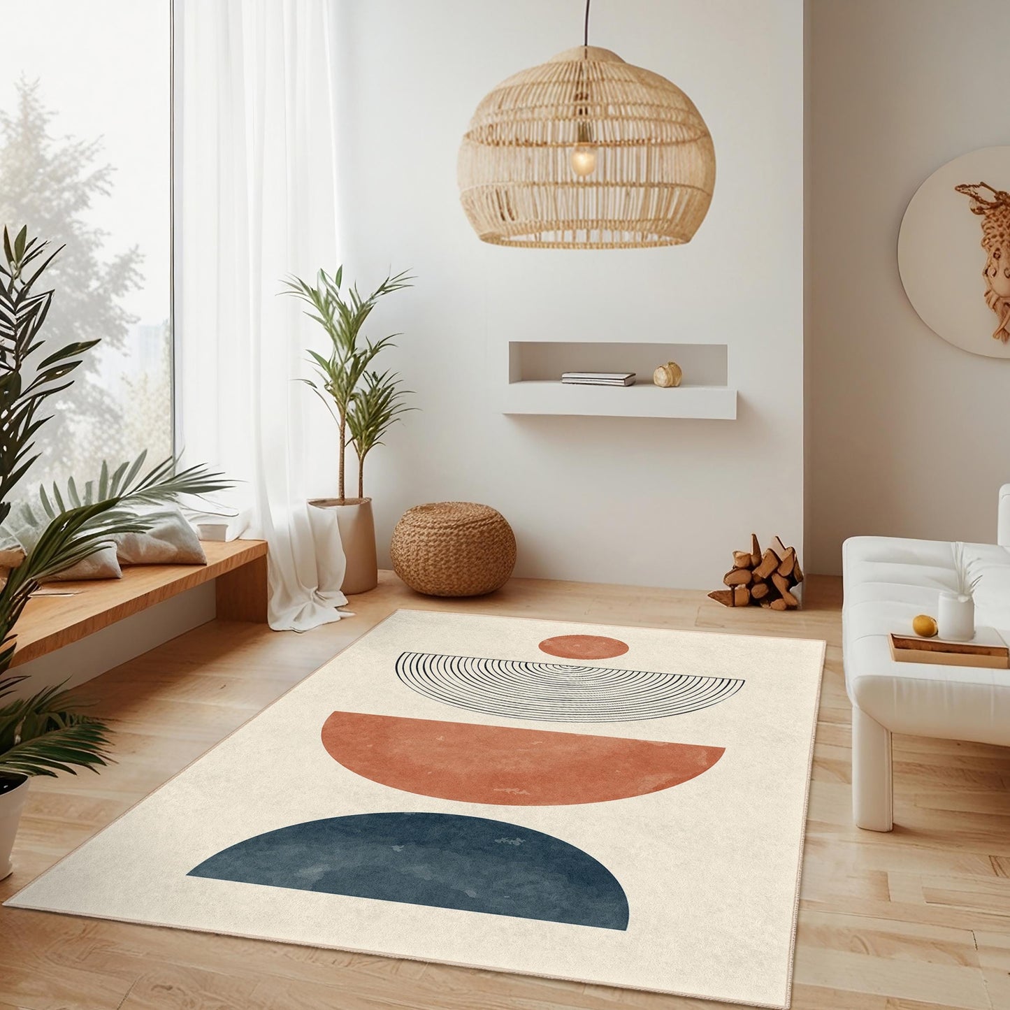 Geometric Circle and Half Circle Area Rug, Modern Decorative Rectangular Rug, Living Room Carpet, Boho Home Decor, Soft Area Mat