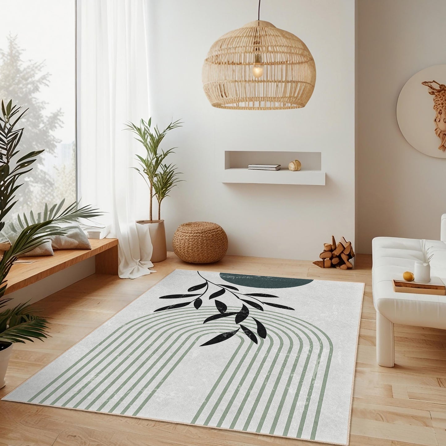 Elegant Leaf Print Rectangular Area Rug, Modern Design Floor Mat, Boho Chic Home Decor, Living Room Carpet, Indoor Rug