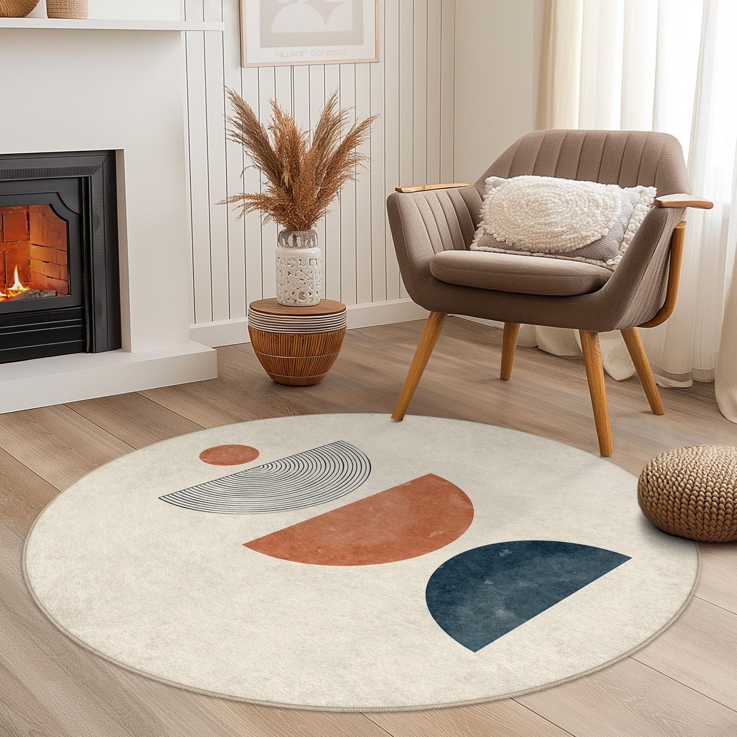 Boho Circle Area Rug, Geometric Round Rug for Living Room, Modern Bohemian Floor Mat, Stylish Decor Rug, Soft and Cozy Carpet