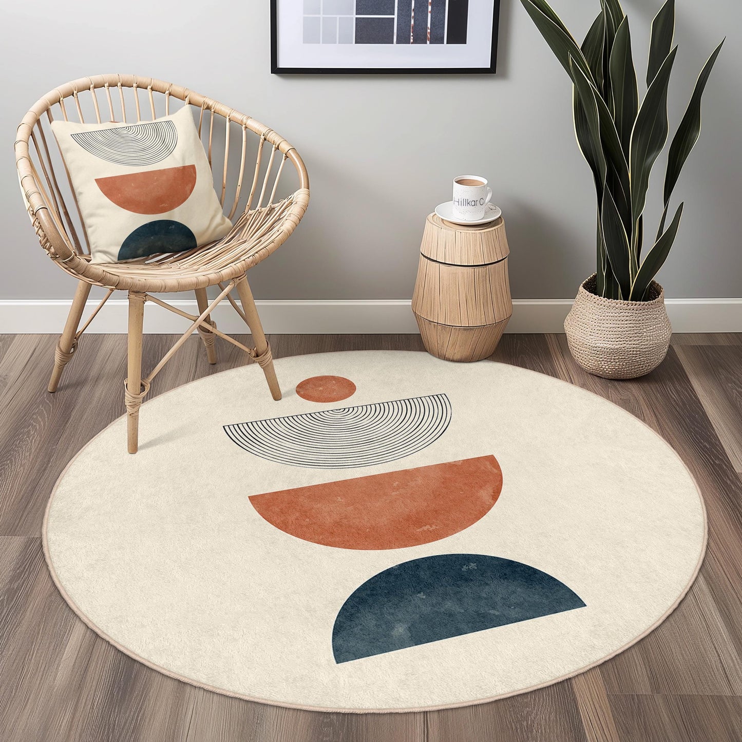 Boho Circle Area Rug, Geometric Round Rug for Living Room, Modern Bohemian Floor Mat, Stylish Decor Rug, Soft and Cozy Carpet