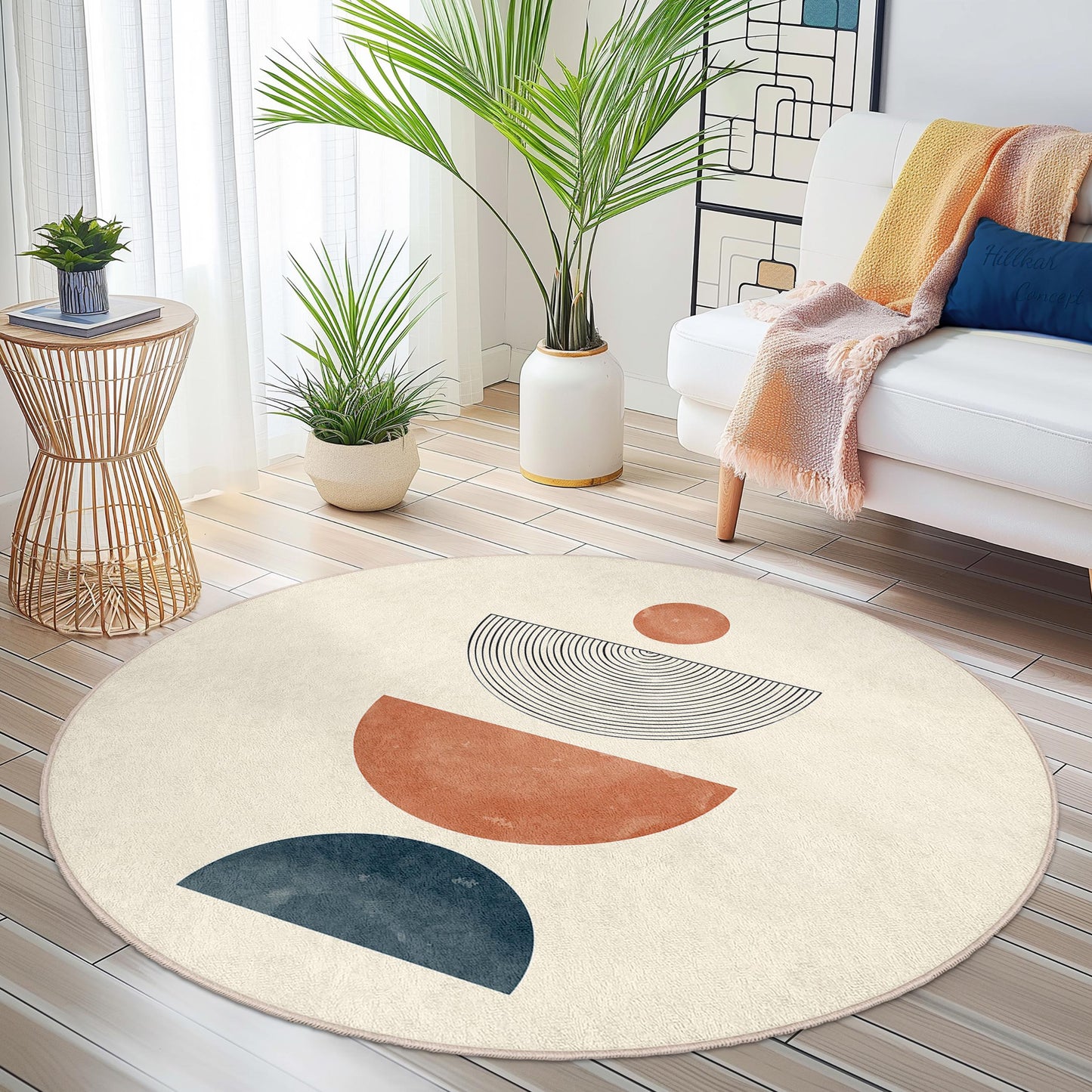 Boho Circle Area Rug, Geometric Round Rug for Living Room, Modern Bohemian Floor Mat, Stylish Decor Rug, Soft and Cozy Carpet