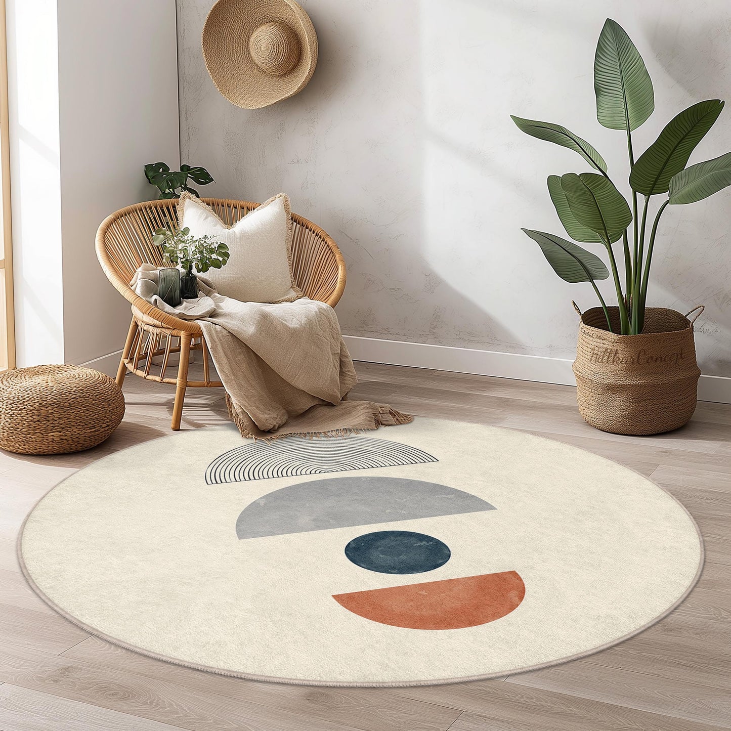 Modern Geometric Round Area Rug, Minimalist Circle Carpet, Decorative Living Room Rug, Soft Round Rug for Home Decor