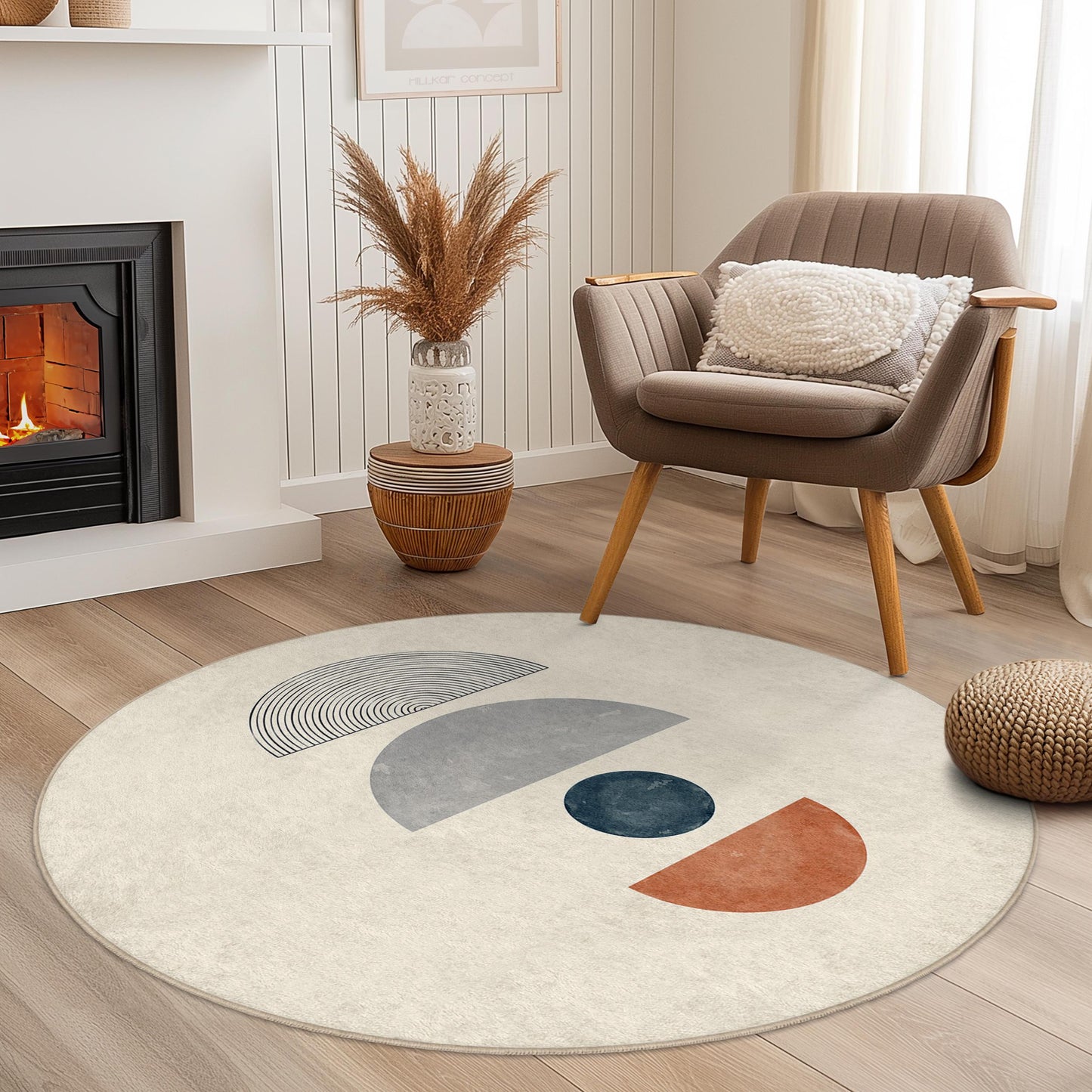 Modern Geometric Round Area Rug, Minimalist Circle Carpet, Decorative Living Room Rug, Soft Round Rug for Home Decor