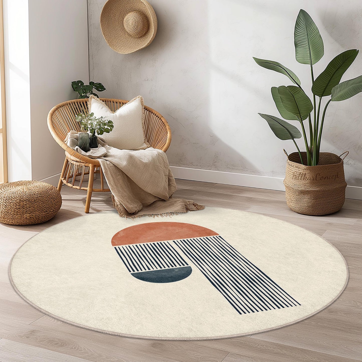 Abstract Round Rug, Modern Geometric Design, Boho Chic Area Rug, Soft Round Carpet for Living Room, Bedroom, or Office Decor