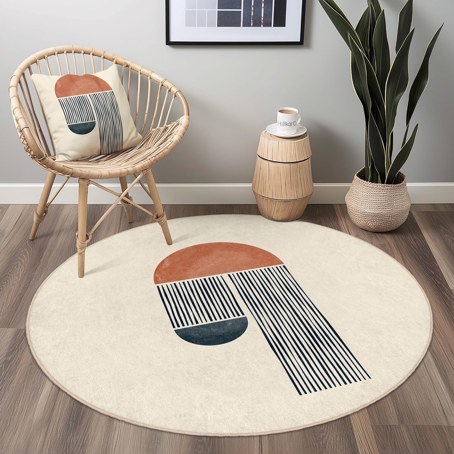 Abstract Round Rug, Modern Geometric Design, Boho Chic Area Rug, Soft Round Carpet for Living Room, Bedroom, or Office Decor